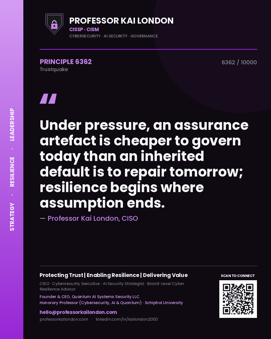 Quote card by Professor Kai London reading 'Under pressure, an assurance artefact is cheaper to govern today than an inherited default is to repair tomorrow; resilience begins where assumption ends.'. From the book Trustquake.