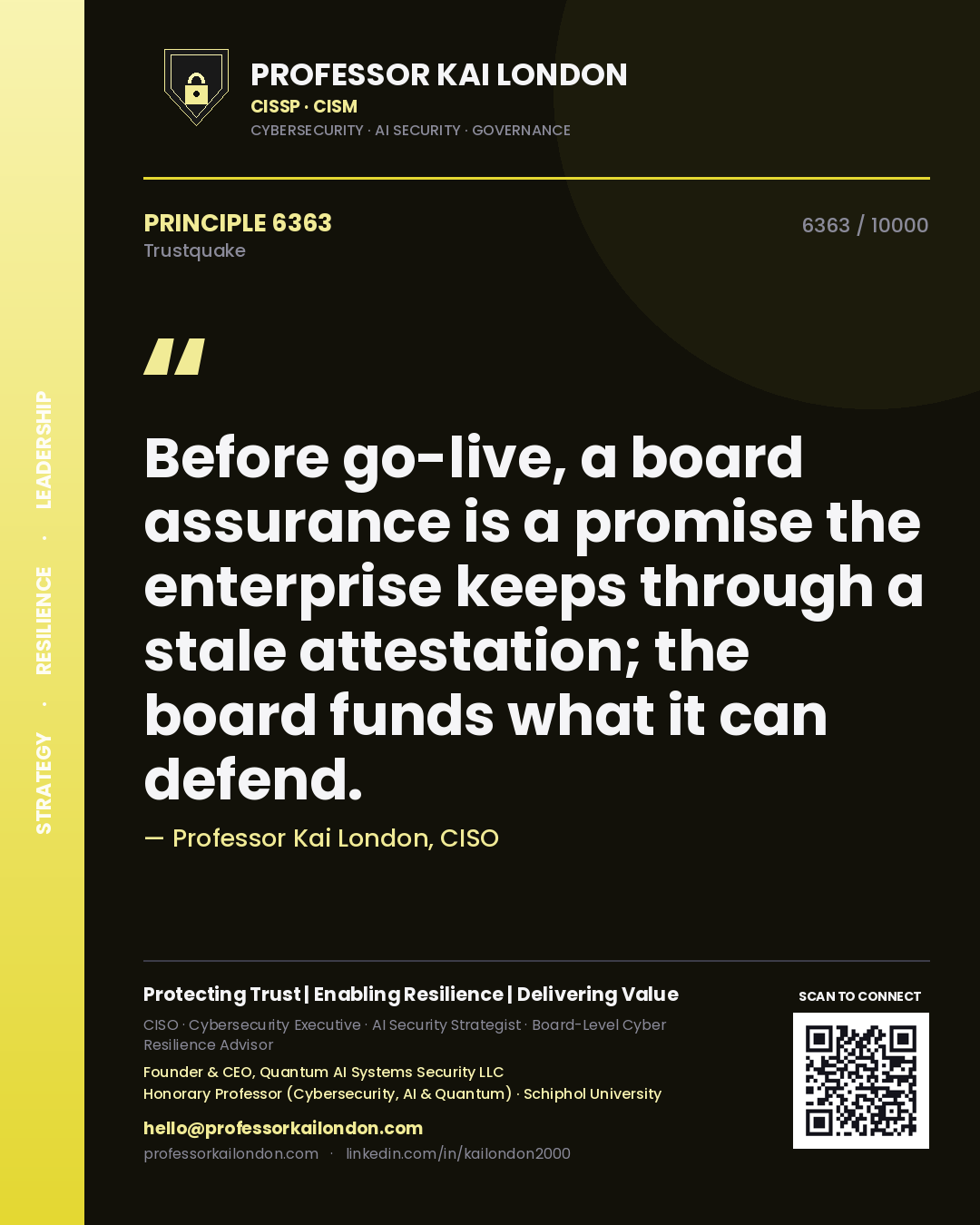 Quote card by Professor Kai London reading 'Before go-live, a board assurance is a promise the enterprise keeps through a stale attestation; the board funds what it can defend.'. From the book Trustquake.