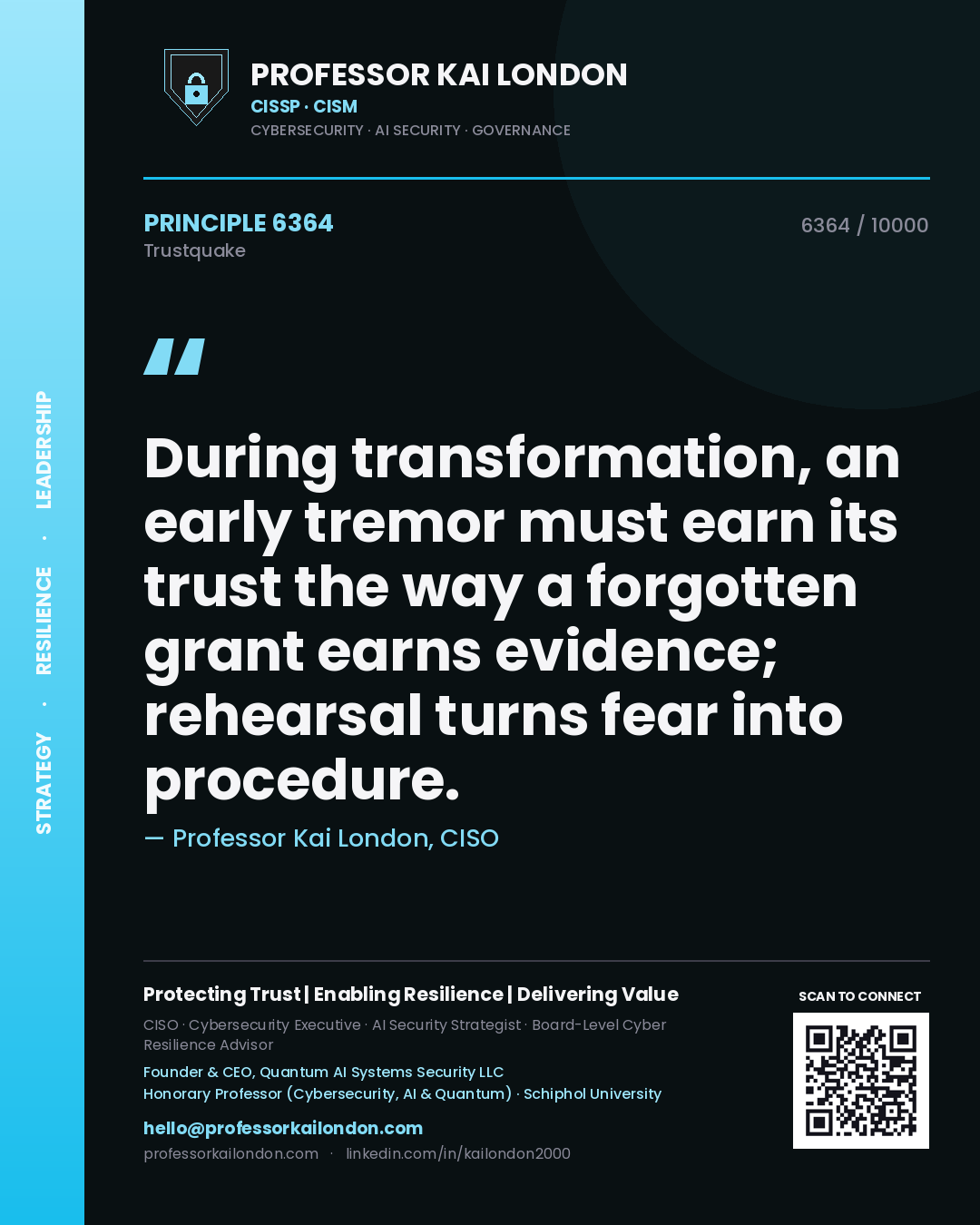 Quote card by Professor Kai London reading 'During transformation, an early tremor must earn its trust the way a forgotten grant earns evidence; rehearsal turns fear into procedure.'. From the book Trustquake.