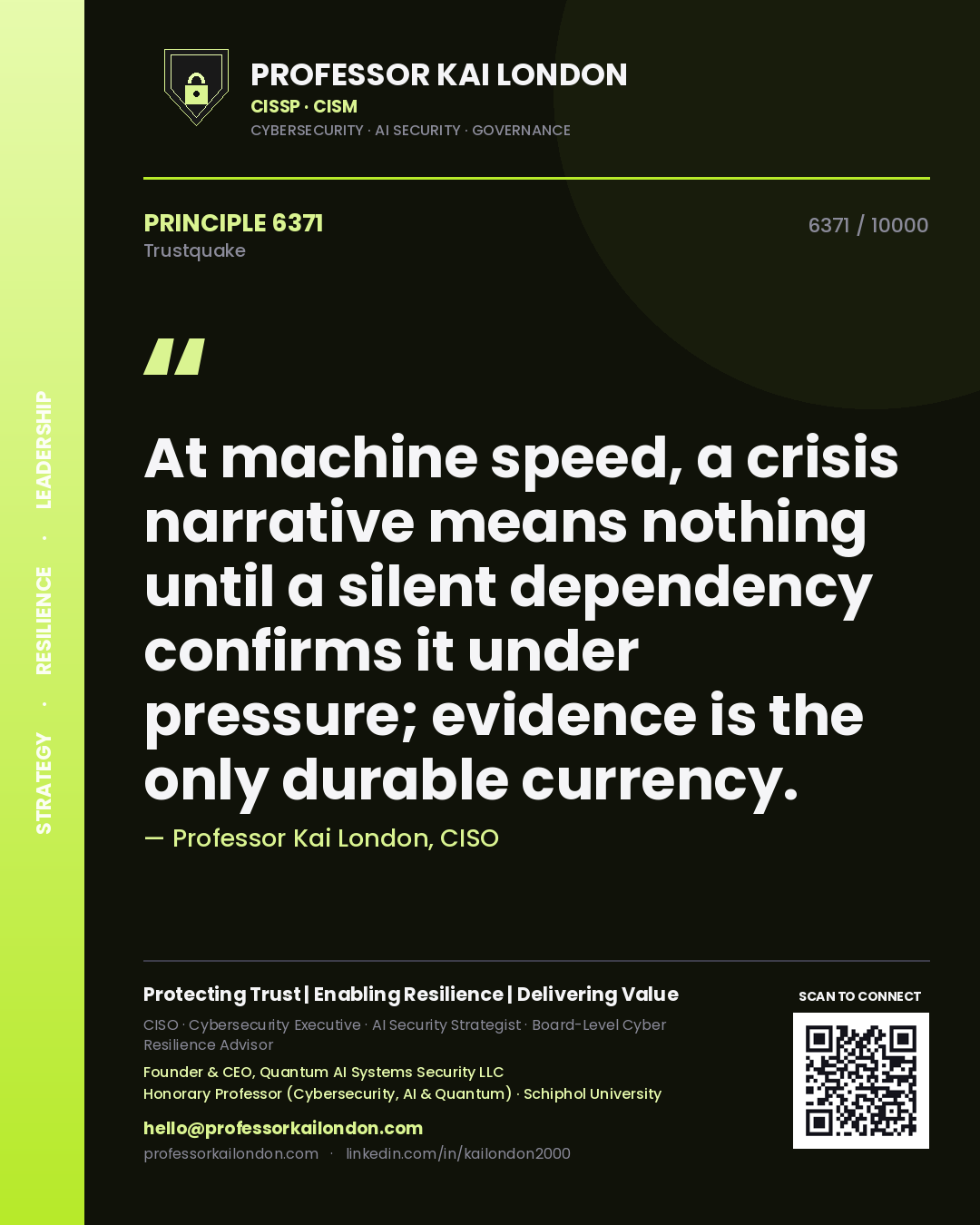 Quote card by Professor Kai London reading 'At machine speed, a crisis narrative means nothing until a silent dependency confirms it under pressure; evidence is the only durable currency.'. From the book Trustquake.