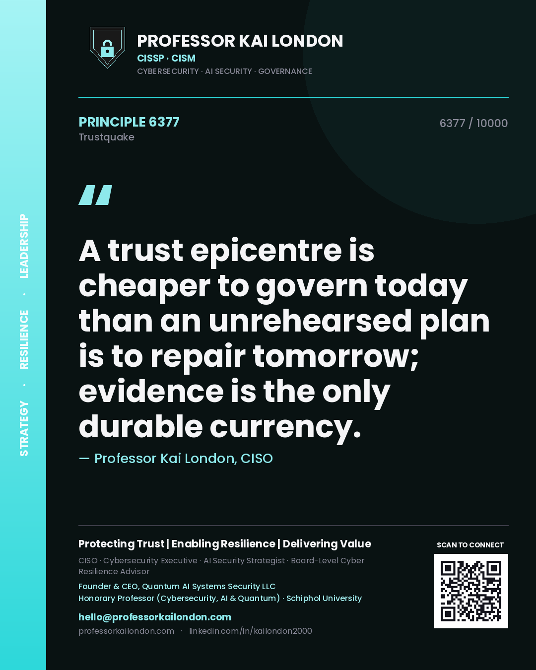 Quote card by Professor Kai London reading 'A trust epicentre is cheaper to govern today than an unrehearsed plan is to repair tomorrow; evidence is the only durable currency.'. From the book Trustquake.