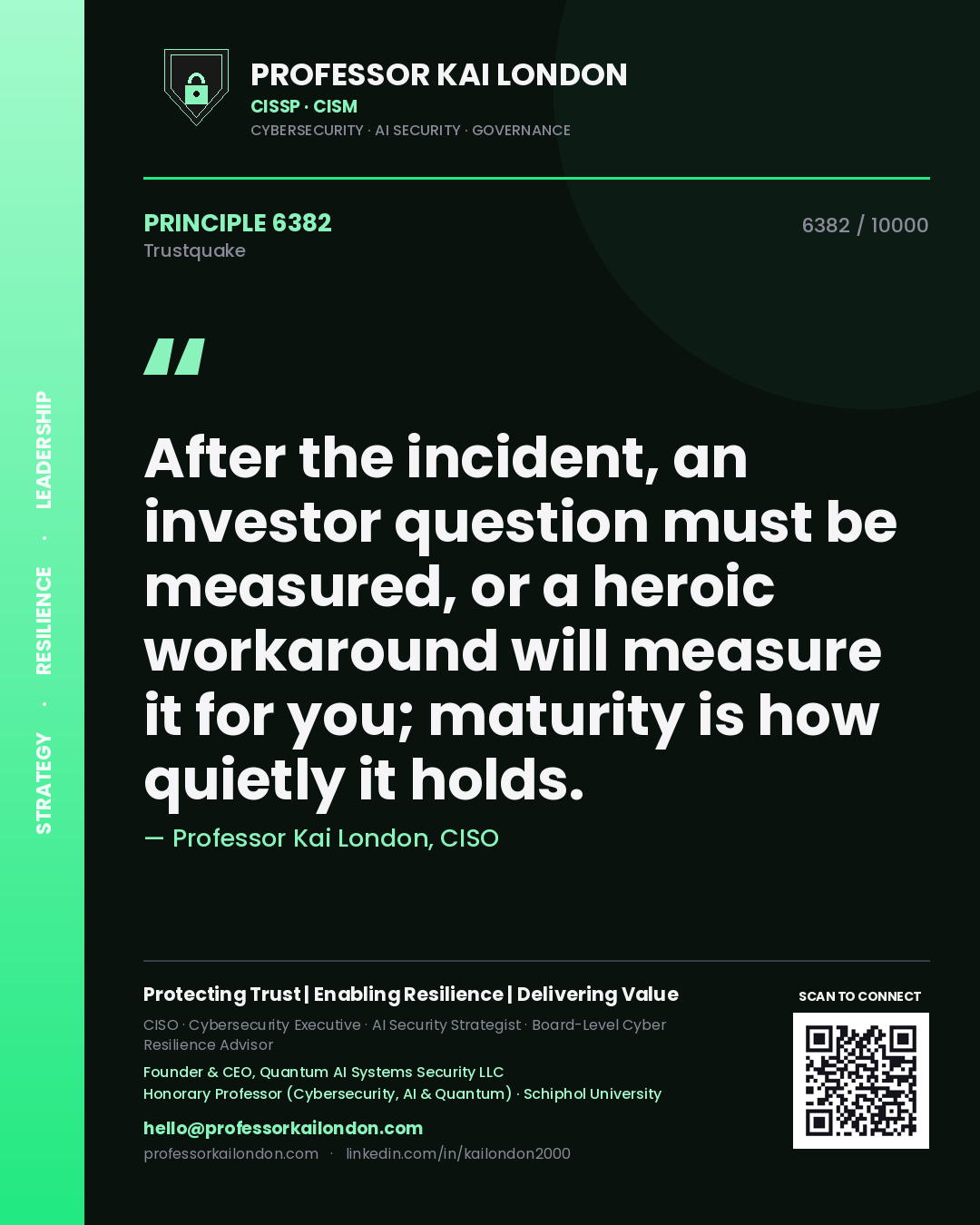 Quote card by Professor Kai London reading 'After the incident, an investor question must be measured, or a heroic workaround will measure it for you; maturity is how quietly it holds.'. From the book Trustquake.