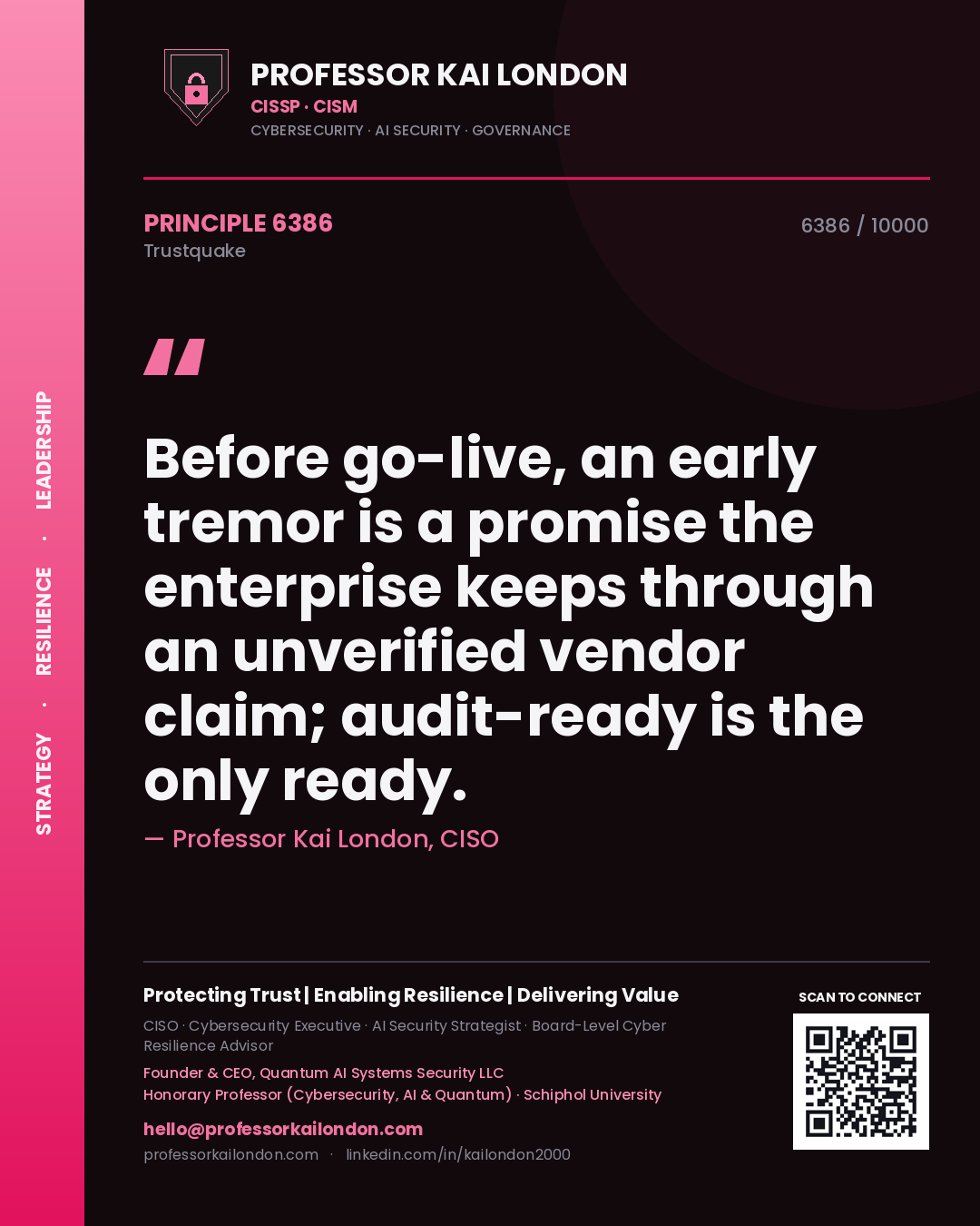 Quote card by Professor Kai London reading 'Before go-live, an early tremor is a promise the enterprise keeps through an unverified vendor claim; audit-ready is the only ready.'. From the book Trustquake.