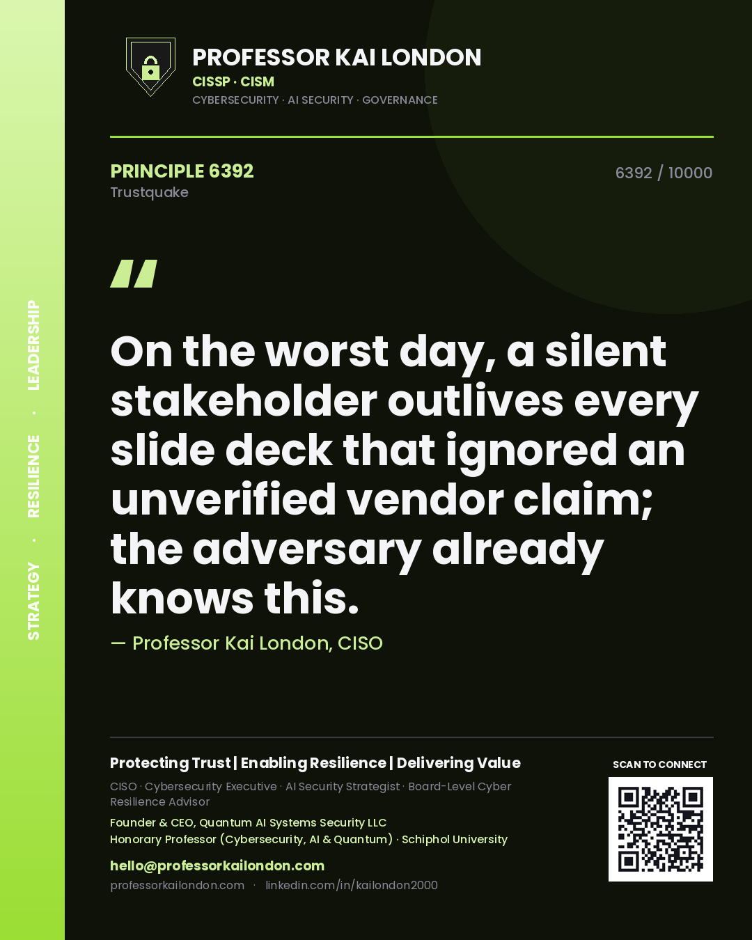 Quote card by Professor Kai London reading 'On the worst day, a silent stakeholder outlives every slide deck that ignored an unverified vendor claim; the adversary already knows this.'. From the book Trustquake.
