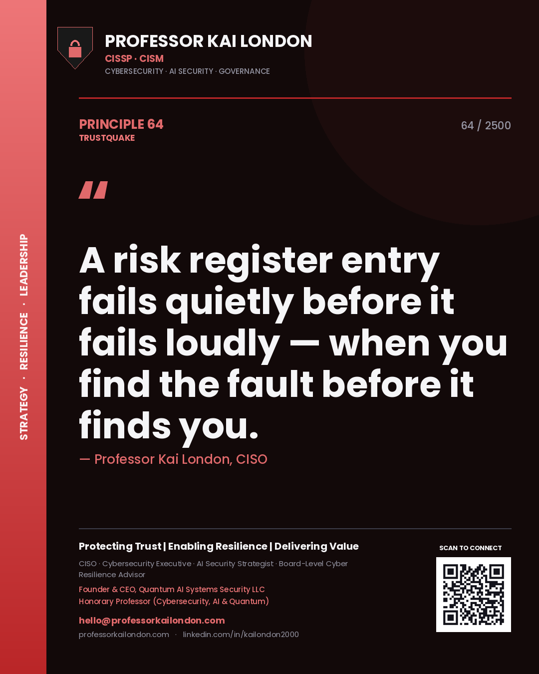 Quote card by Professor Kai London reading 'A risk register entry fails quietly before it fails loudly — when you find the fault before it finds you.'. From the book Trustquake.