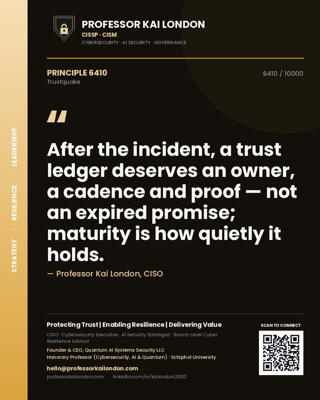 Quote card by Professor Kai London reading 'After the incident, a trust ledger deserves an owner, a cadence and proof — not an expired promise; maturity is how quietly it holds.'. From the book Trustquake.