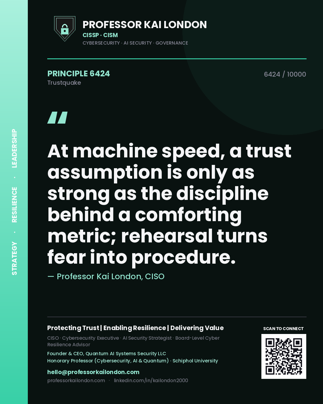 Quote card by Professor Kai London reading 'At machine speed, a trust assumption is only as strong as the discipline behind a comforting metric; rehearsal turns fear into procedure.'. From the book Trustquake.