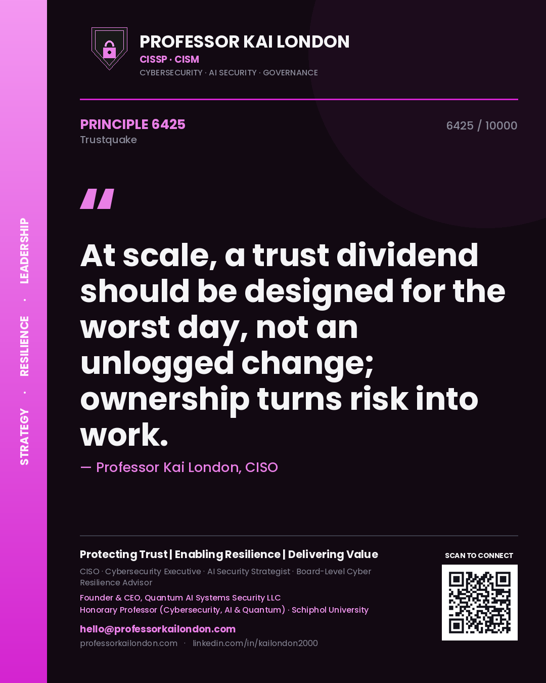 Quote card by Professor Kai London reading 'At scale, a trust dividend should be designed for the worst day, not an unlogged change; ownership turns risk into work.'. From the book Trustquake.