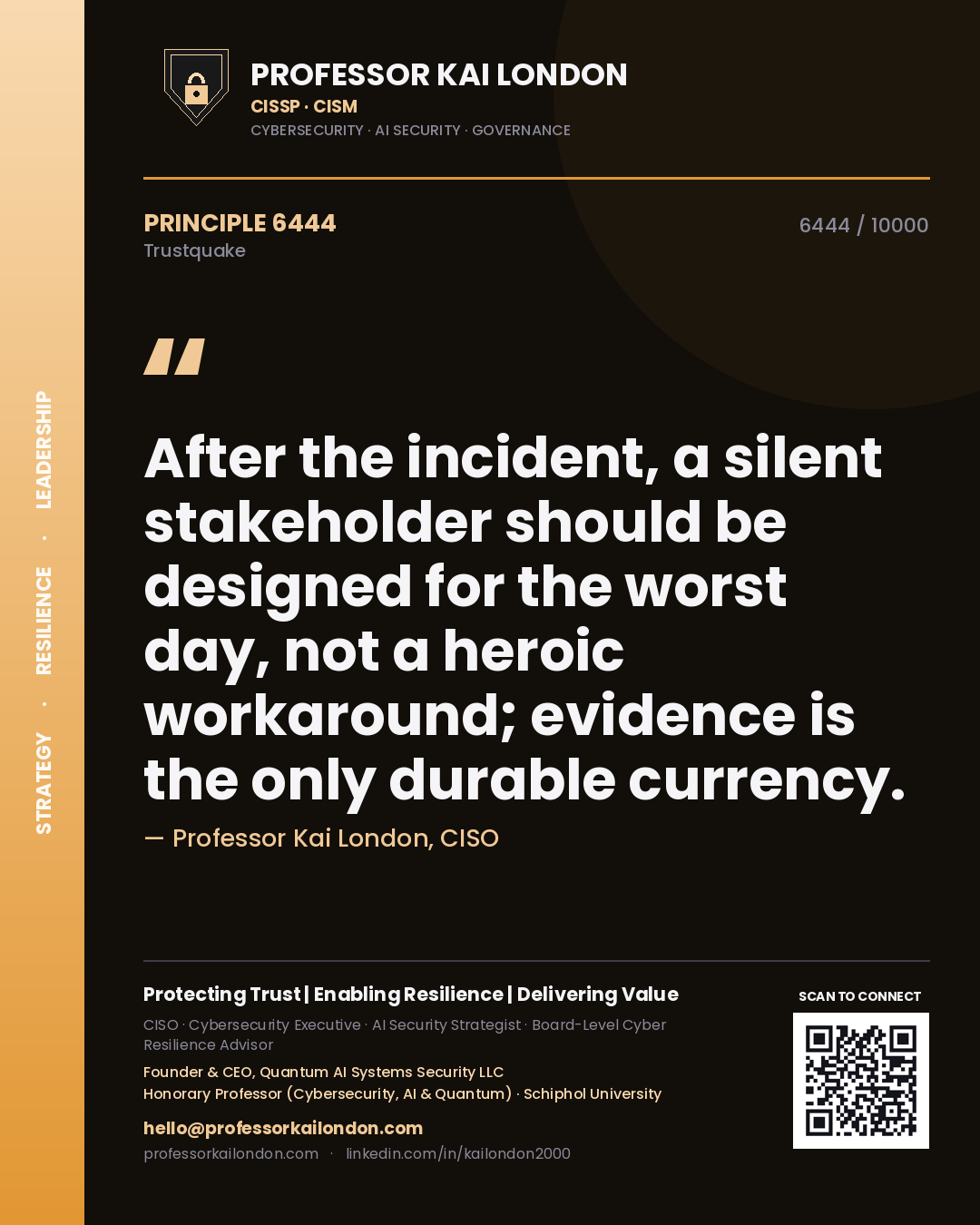 Quote card by Professor Kai London reading 'After the incident, a silent stakeholder should be designed for the worst day, not a heroic workaround; evidence is the only durable currency.'. From the book Trustquake.