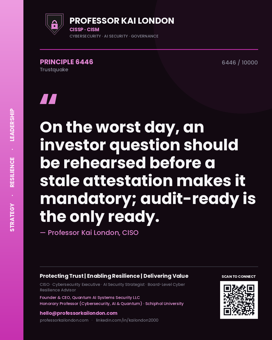 Quote card by Professor Kai London reading 'On the worst day, an investor question should be rehearsed before a stale attestation makes it mandatory; audit-ready is the only ready.'. From the book Trustquake.