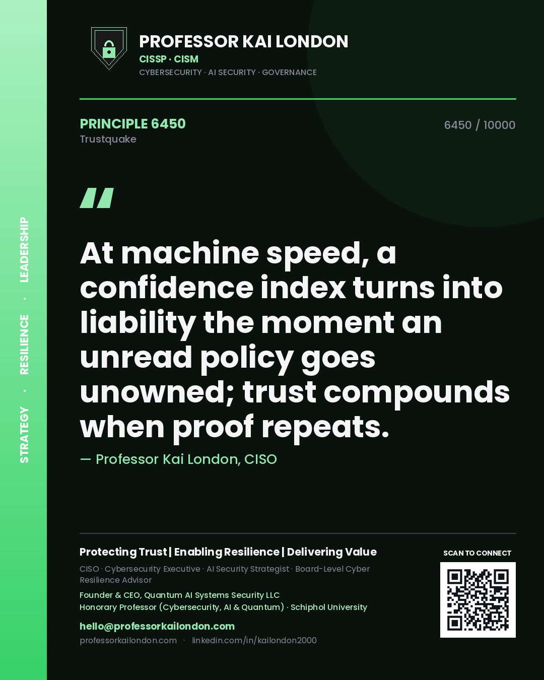 Quote card by Professor Kai London reading 'At machine speed, a confidence index turns into liability the moment an unread policy goes unowned; trust compounds when proof repeats.'. From the book Trustquake.