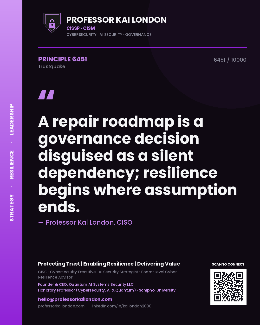 Quote card by Professor Kai London reading 'A repair roadmap is a governance decision disguised as a silent dependency; resilience begins where assumption ends.'. From the book Trustquake.