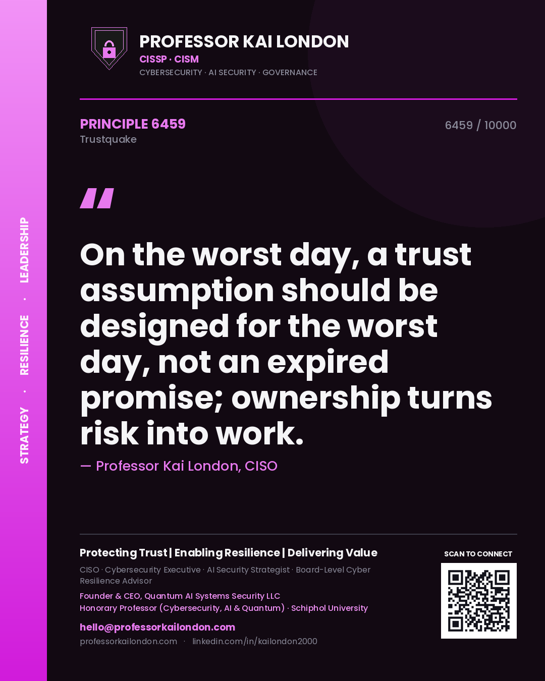 Professor Kai London principle 6459: On the worst day, a trust assumption should be designed for the worst day, not an expired promise; ownership turns risk into work.