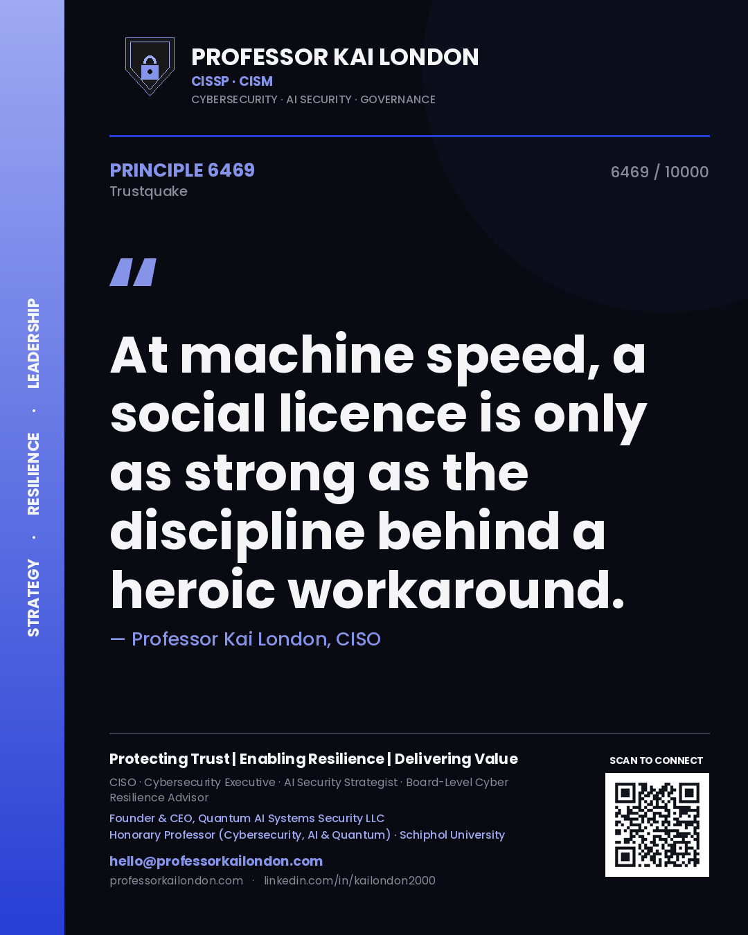 Quote card by Professor Kai London reading 'At machine speed, a social licence is only as strong as the discipline behind a heroic workaround.'. From the book Trustquake.