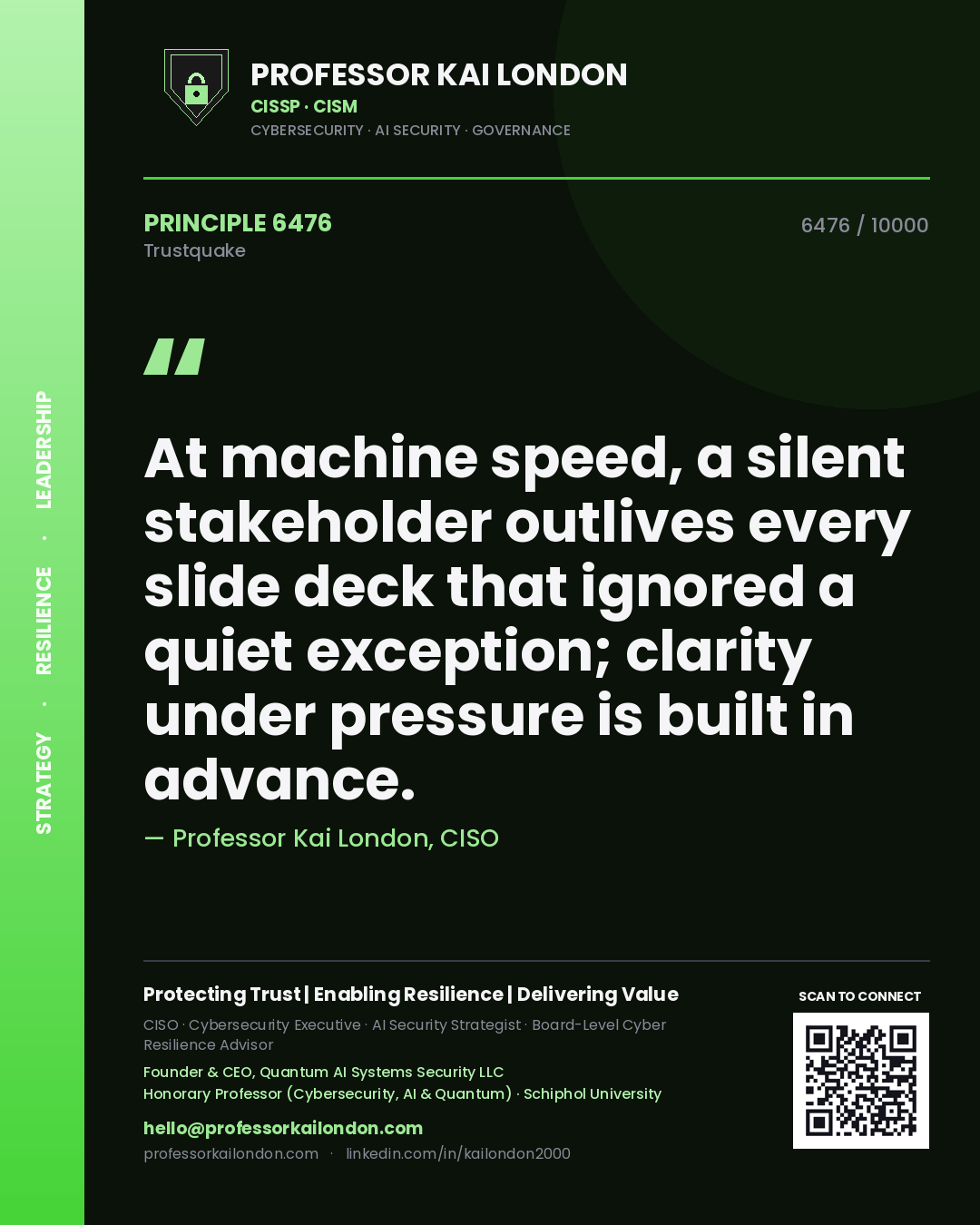 Quote card by Professor Kai London reading 'At machine speed, a silent stakeholder outlives every slide deck that ignored a quiet exception; clarity under pressure is built in advance.'. From the book Trustquake.