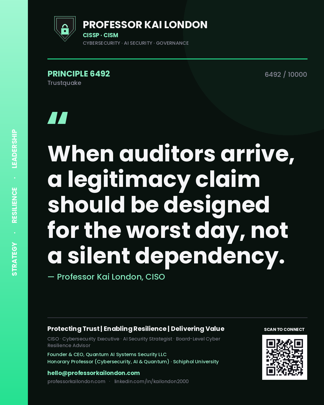 Quote card by Professor Kai London reading 'When auditors arrive, a legitimacy claim should be designed for the worst day, not a silent dependency.'. From the book Trustquake.