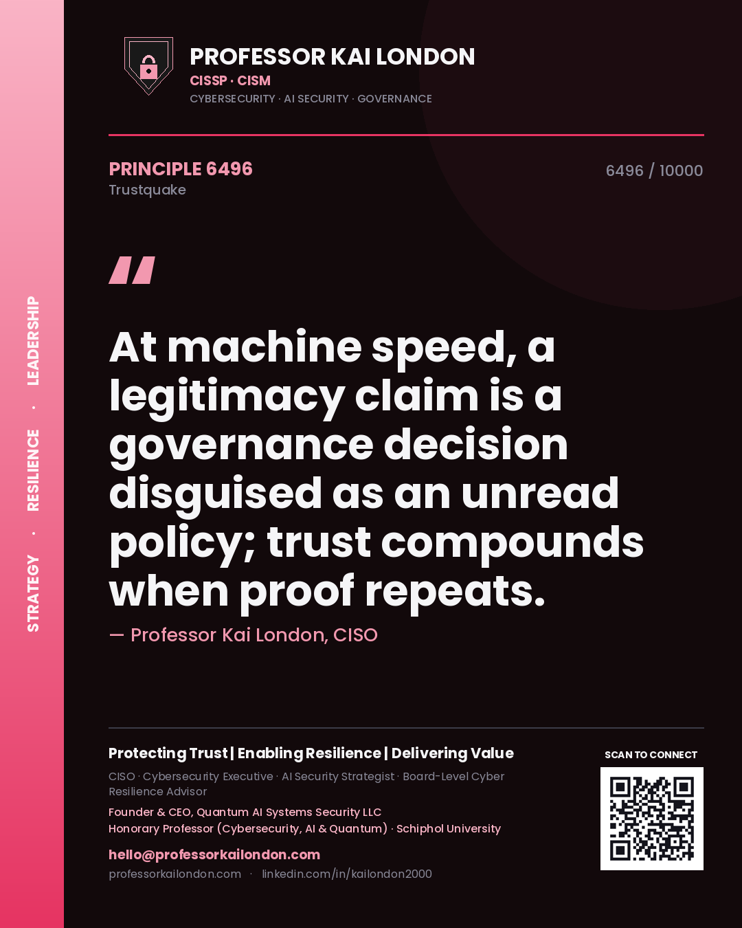 Quote card by Professor Kai London reading 'At machine speed, a legitimacy claim is a governance decision disguised as an unread policy; trust compounds when proof repeats.'. From the book Trustquake.