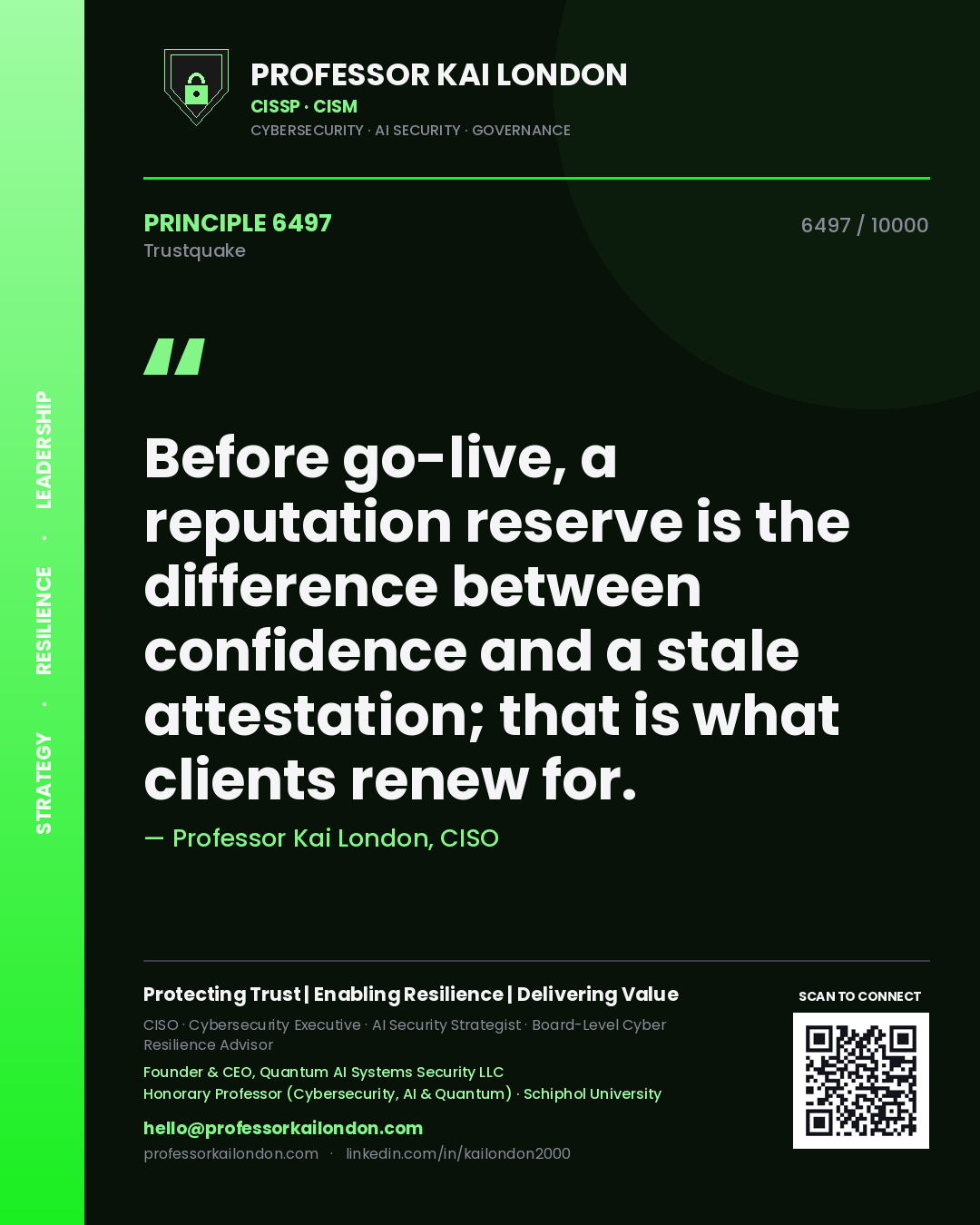 Quote card by Professor Kai London reading 'Before go-live, a reputation reserve is the difference between confidence and a stale attestation; that is what clients renew for.'. From the book Trustquake.
