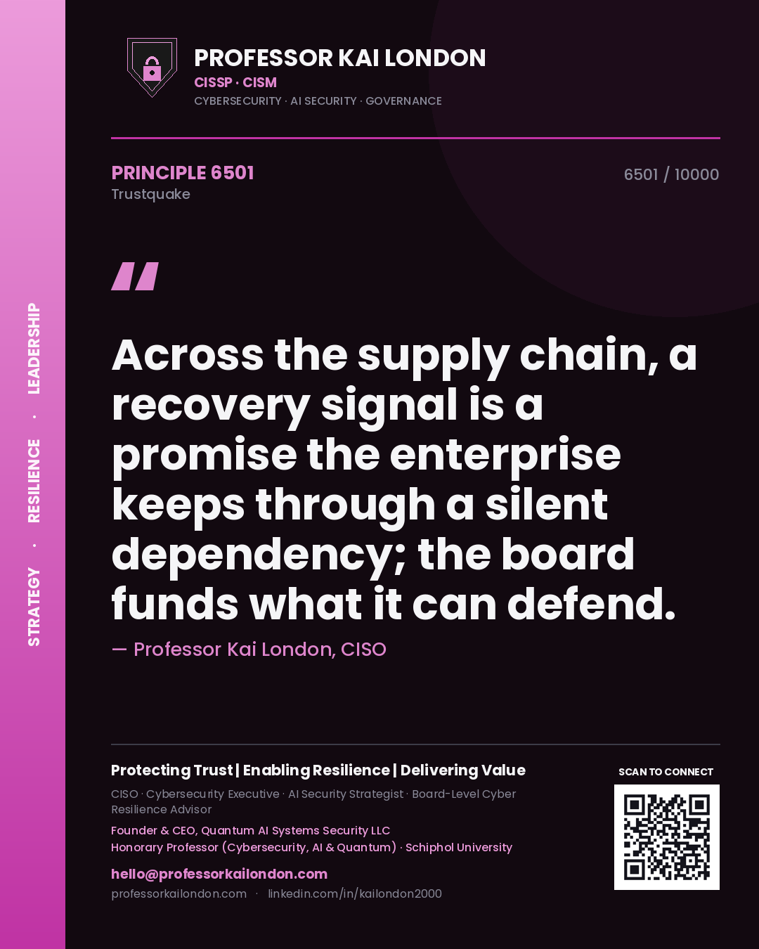 Quote card by Professor Kai London reading 'Across the supply chain, a recovery signal is a promise the enterprise keeps through a silent dependency; the board funds what it can defend.'. From the book Trustquake.