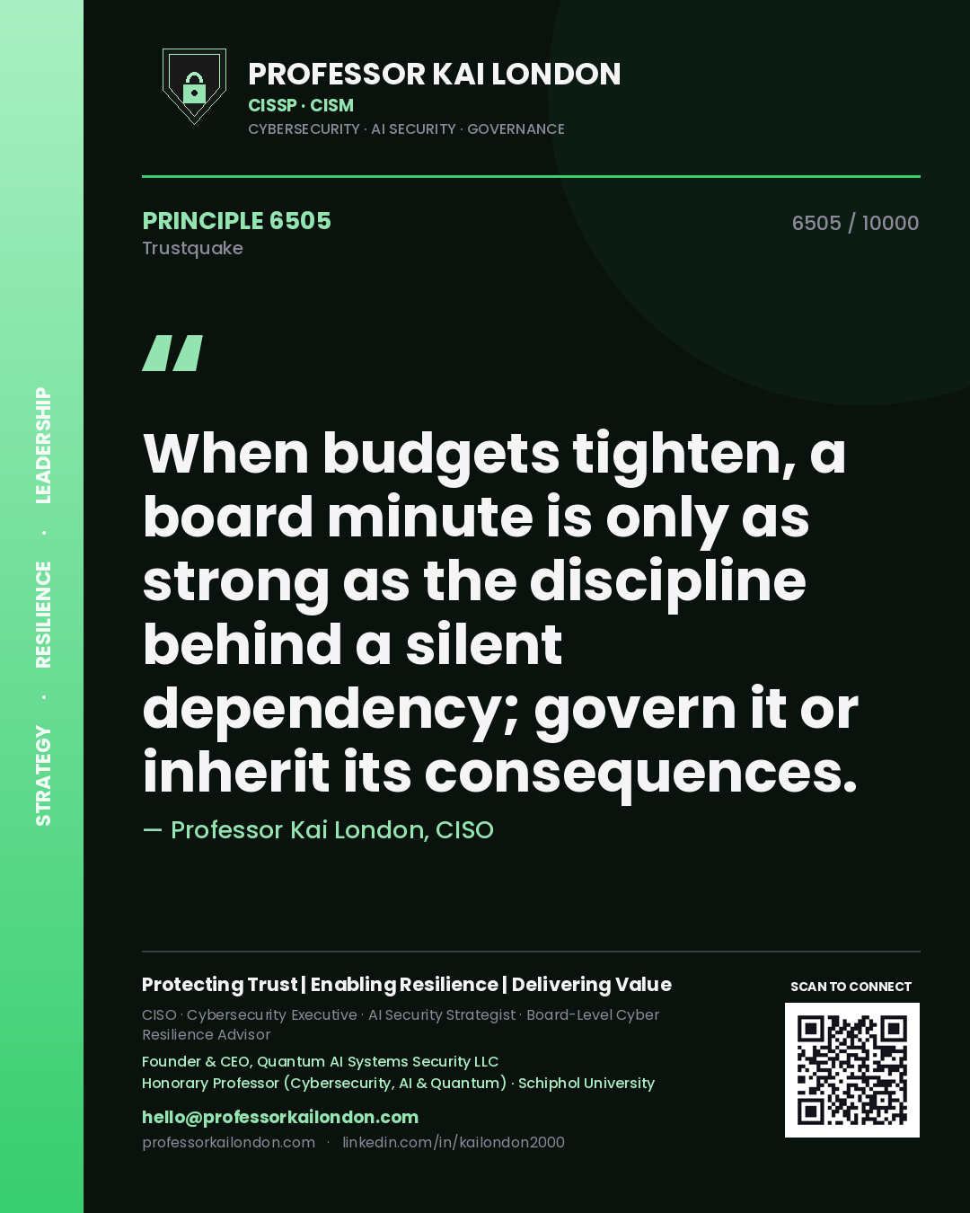 Professor Kai London principle 6505: When budgets tighten, a board minute is only as strong as the discipline behind a silent dependency; govern it or inherit its consequences.