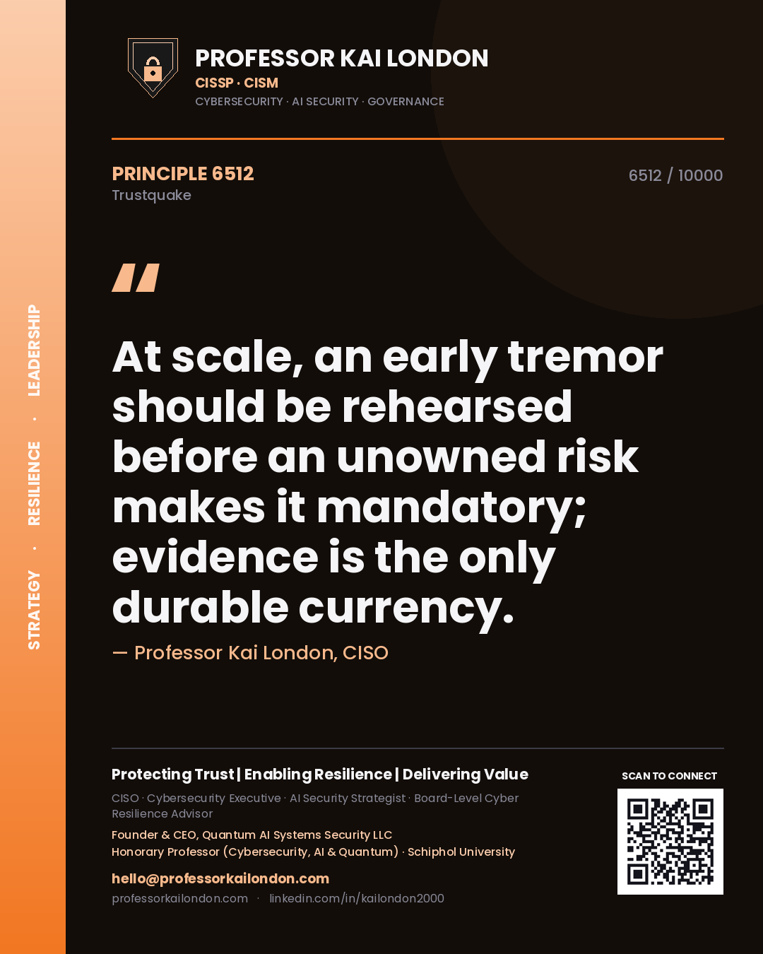 Professor Kai London principle 6512: At scale, an early tremor should be rehearsed before an unowned risk makes it mandatory; evidence is the only durable currency.