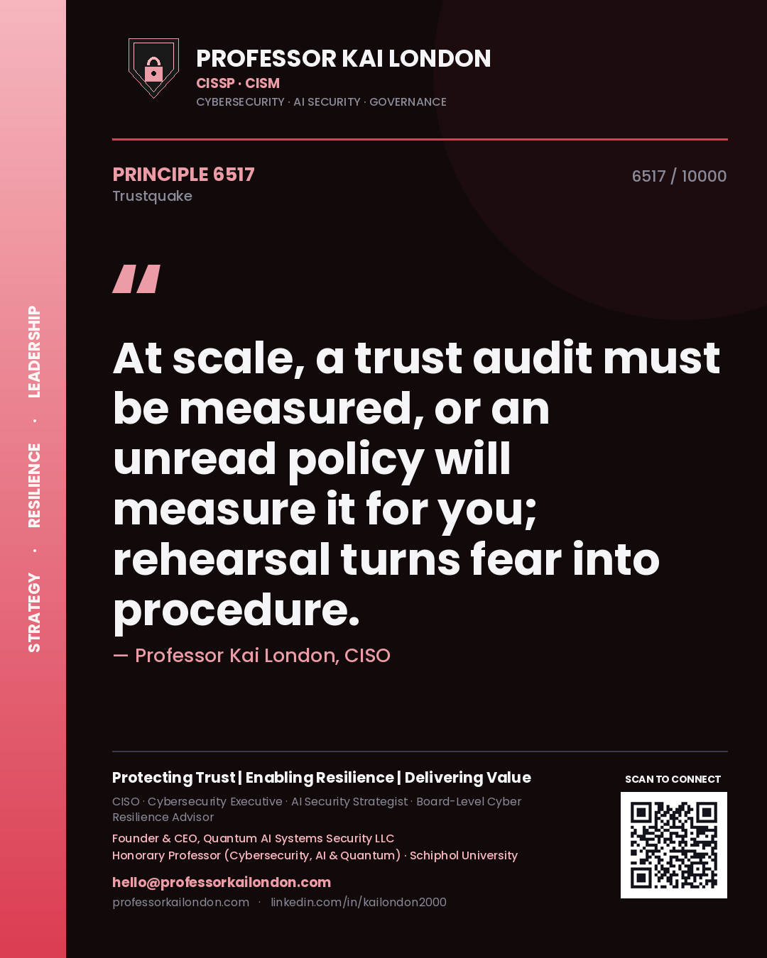 Quote card by Professor Kai London reading 'At scale, a trust audit must be measured, or an unread policy will measure it for you; rehearsal turns fear into procedure.'. From the book Trustquake.