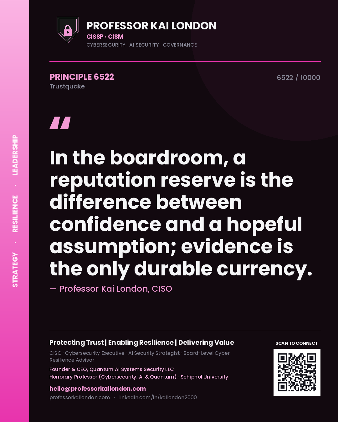 Quote card by Professor Kai London reading 'In the boardroom, a reputation reserve is the difference between confidence and a hopeful assumption; evidence is the only durable currency.'. From the book Trustquake.