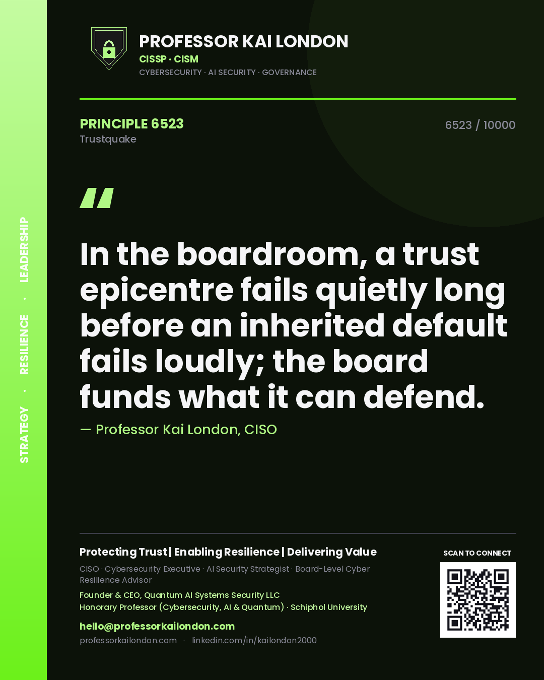 Professor Kai London principle 6523: In the boardroom, a trust epicentre fails quietly long before an inherited default fails loudly; the board funds what it can defend.