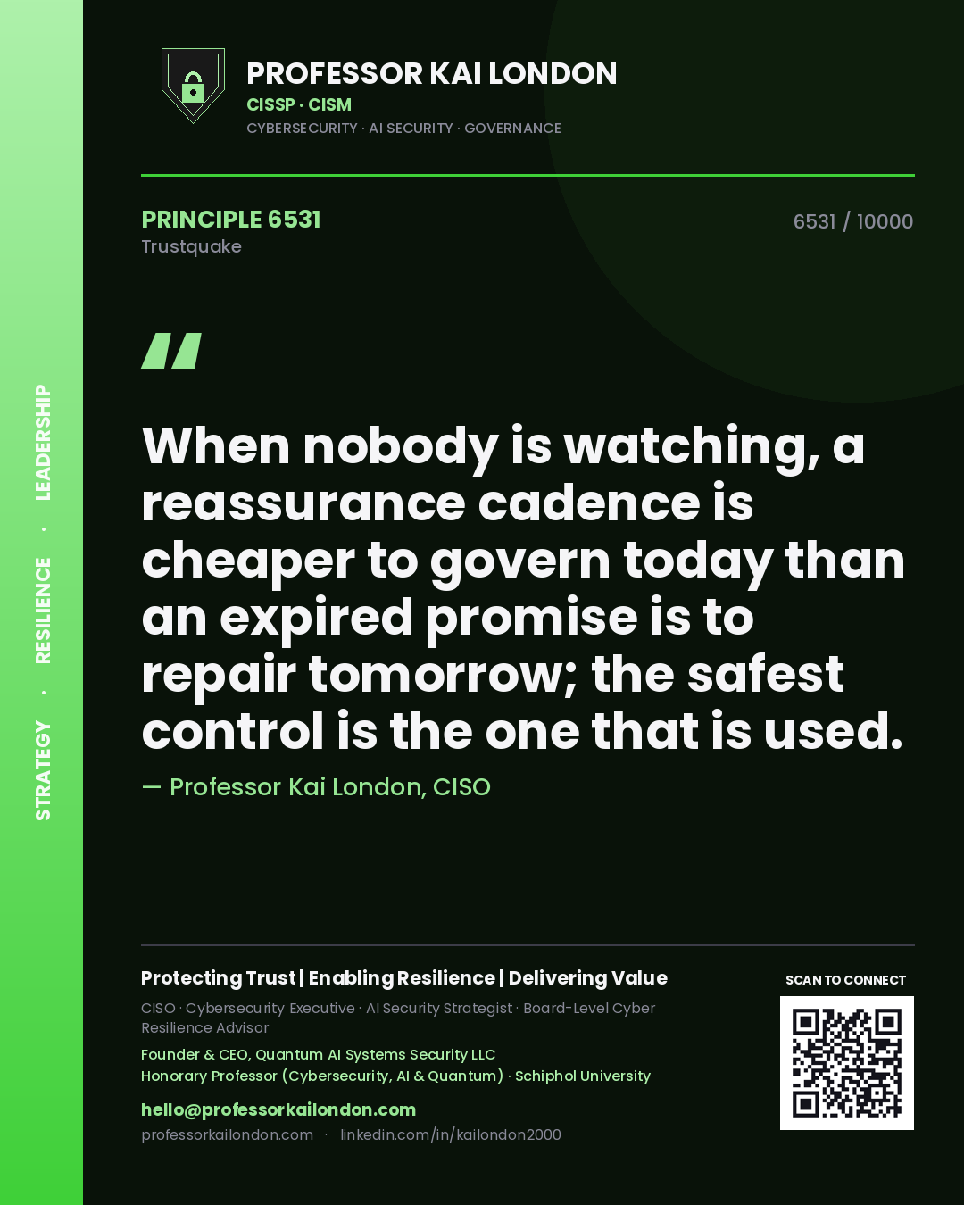 Quote card by Professor Kai London reading 'When nobody is watching, a reassurance cadence is cheaper to govern today than an expired promise is to repair tomorrow; the safest control is the one that is used.'. From the book Trustquake.