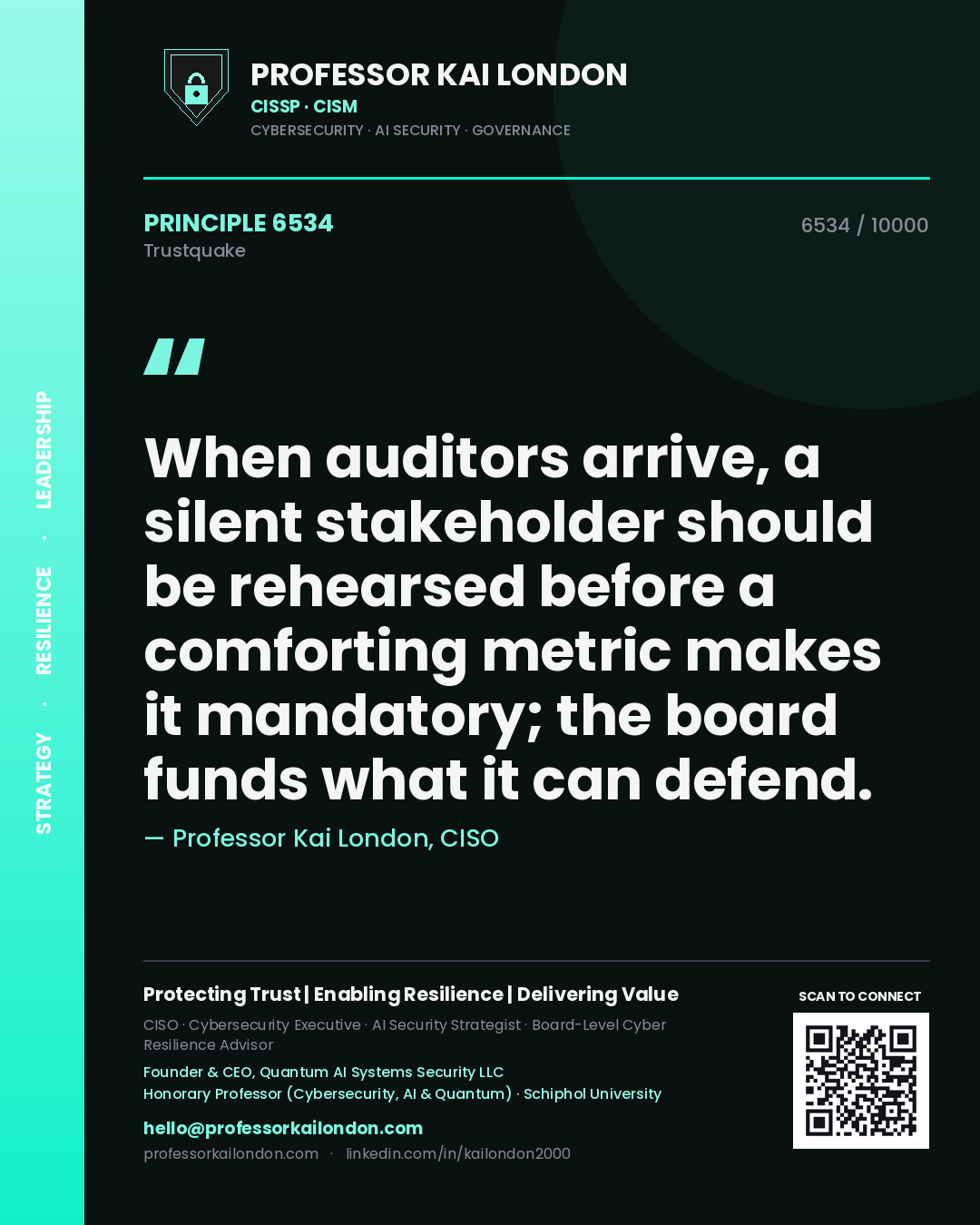 Professor Kai London principle 6534: When auditors arrive, a silent stakeholder should be rehearsed before a comforting metric makes it mandatory; the board funds what it can defend.