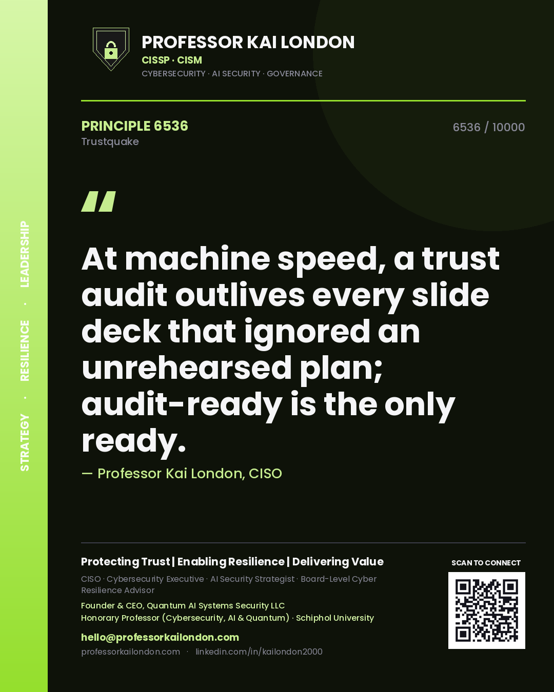 Quote card by Professor Kai London reading 'At machine speed, a trust audit outlives every slide deck that ignored an unrehearsed plan; audit-ready is the only ready.'. From the book Trustquake.
