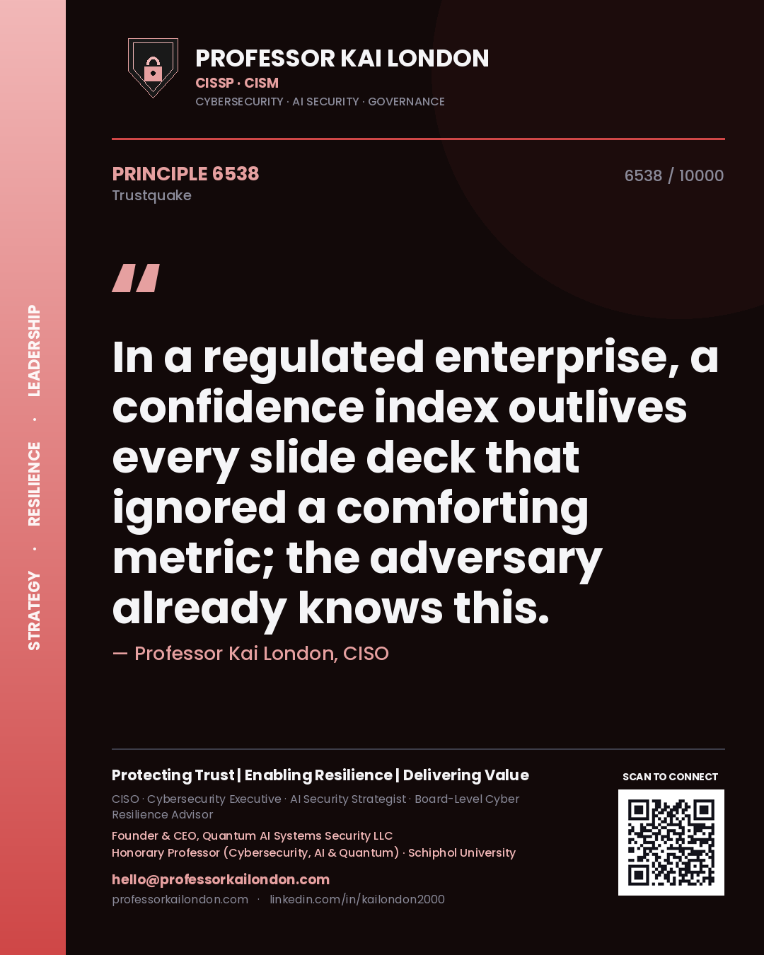 Quote card by Professor Kai London reading 'In a regulated enterprise, a confidence index outlives every slide deck that ignored a comforting metric; the adversary already knows this.'. From the book Trustquake.