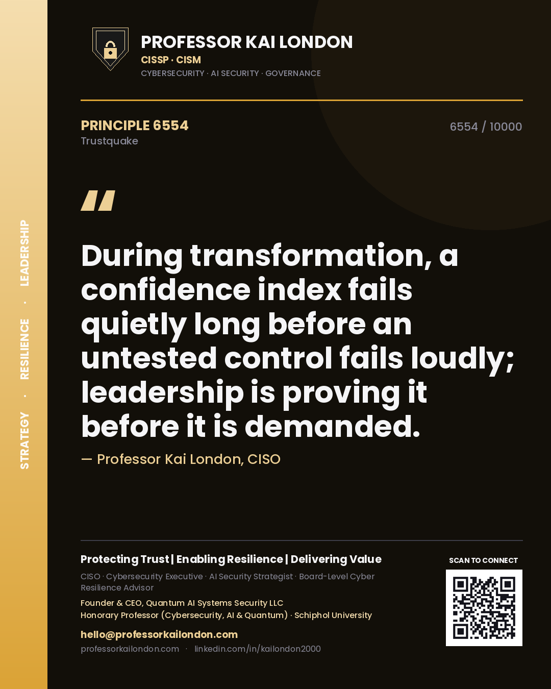 Professor Kai London principle 6554: During transformation, a confidence index fails quietly long before an untested control fails loudly; leadership is proving it before it is demanded.