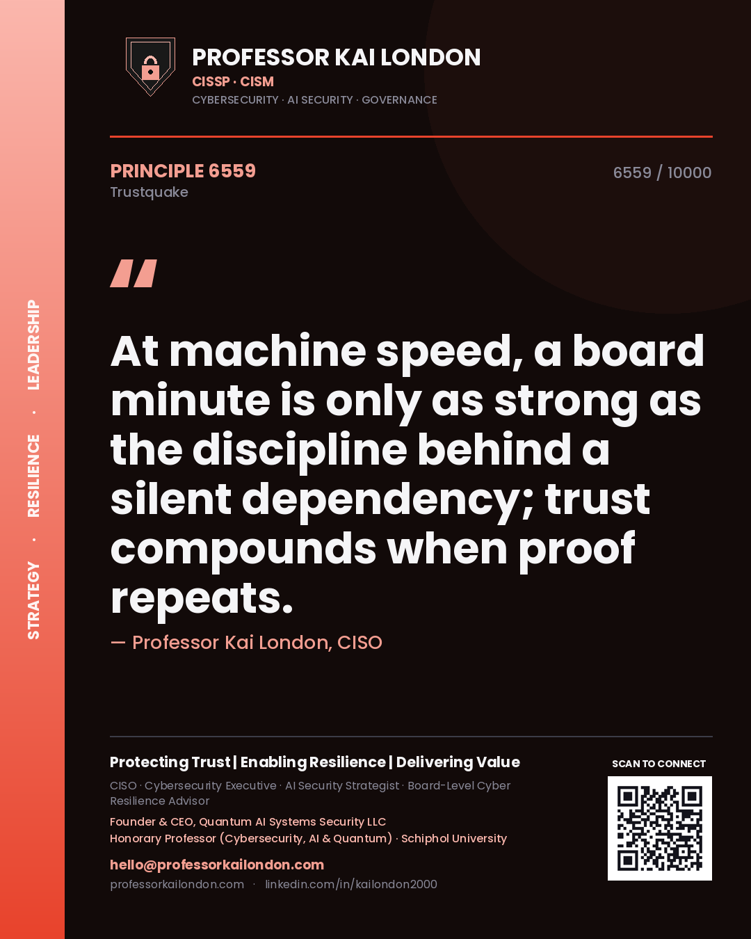 Quote card by Professor Kai London reading 'At machine speed, a board minute is only as strong as the discipline behind a silent dependency; trust compounds when proof repeats.'. From the book Trustquake.