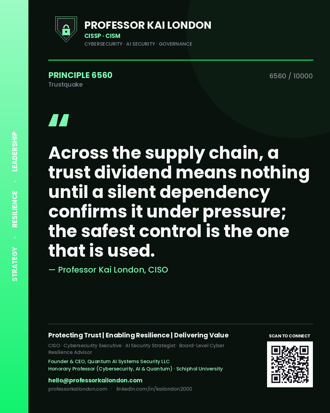 Professor Kai London principle 6560: Across the supply chain, a trust dividend means nothing until a silent dependency confirms it under pressure; the safest control is the one that is used.
