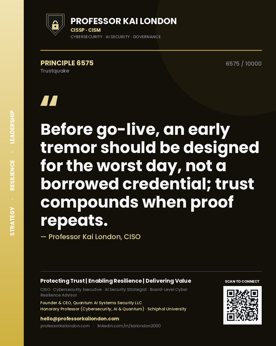 Quote card by Professor Kai London reading 'Before go-live, an early tremor should be designed for the worst day, not a borrowed credential; trust compounds when proof repeats.'. From the book Trustquake.