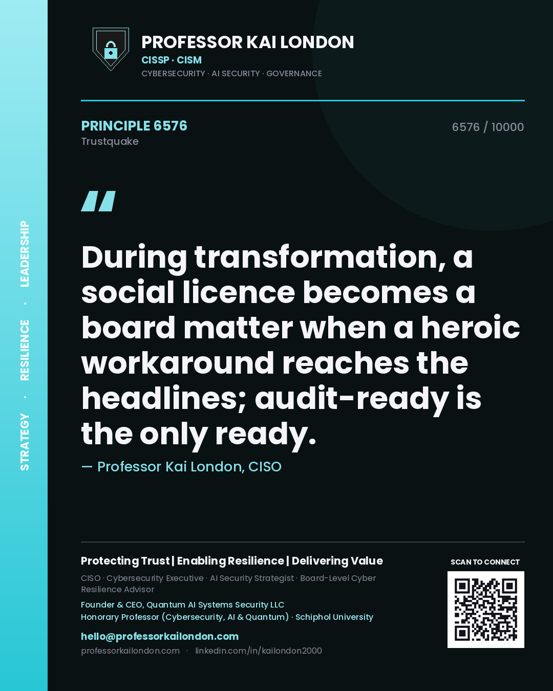 Professor Kai London principle 6576: During transformation, a social licence becomes a board matter when a heroic workaround reaches the headlines; audit-ready is the only ready.