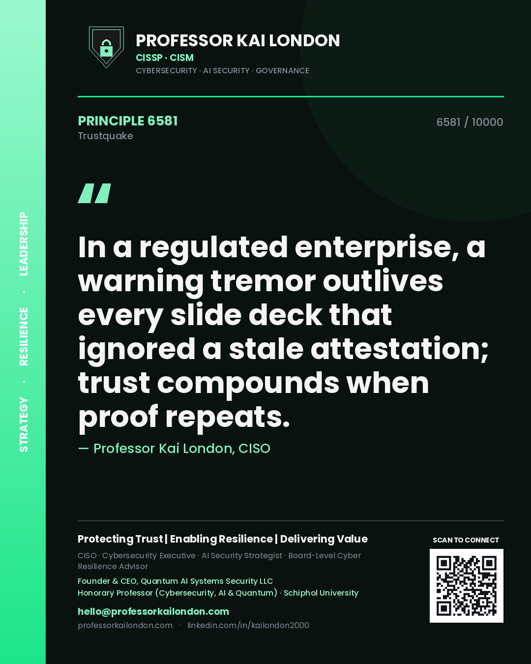 Professor Kai London principle 6581: In a regulated enterprise, a warning tremor outlives every slide deck that ignored a stale attestation; trust compounds when proof repeats.