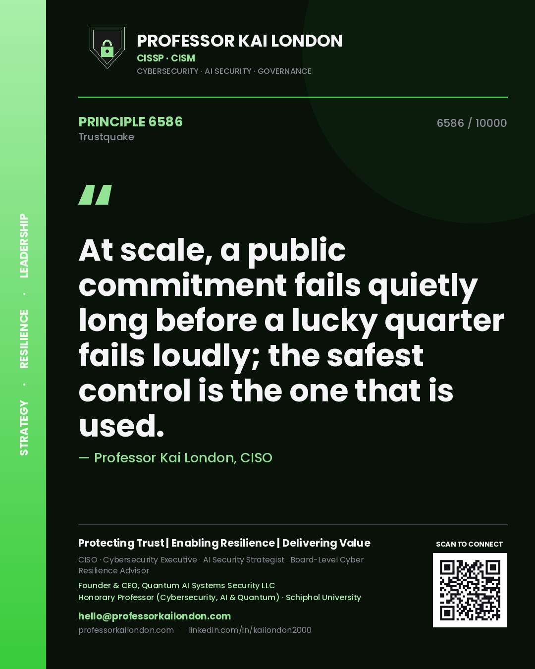 Quote card by Professor Kai London reading 'At scale, a public commitment fails quietly long before a lucky quarter fails loudly; the safest control is the one that is used.'. From the book Trustquake.