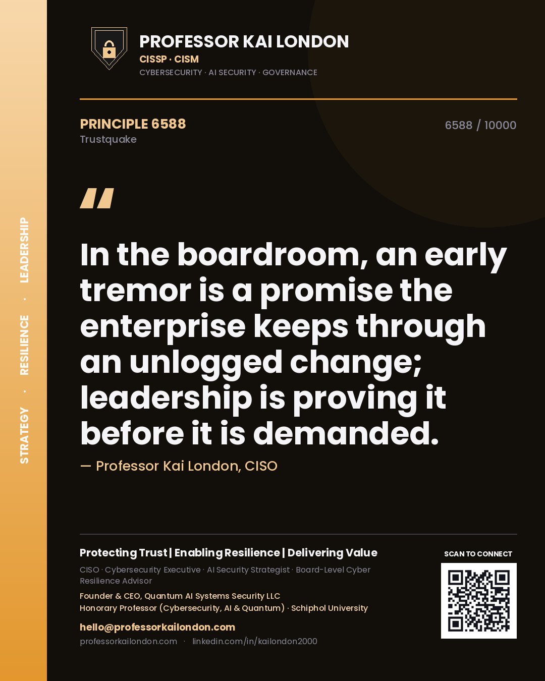 Quote card by Professor Kai London reading 'In the boardroom, an early tremor is a promise the enterprise keeps through an unlogged change; leadership is proving it before it is demanded.'. From the book Trustquake.