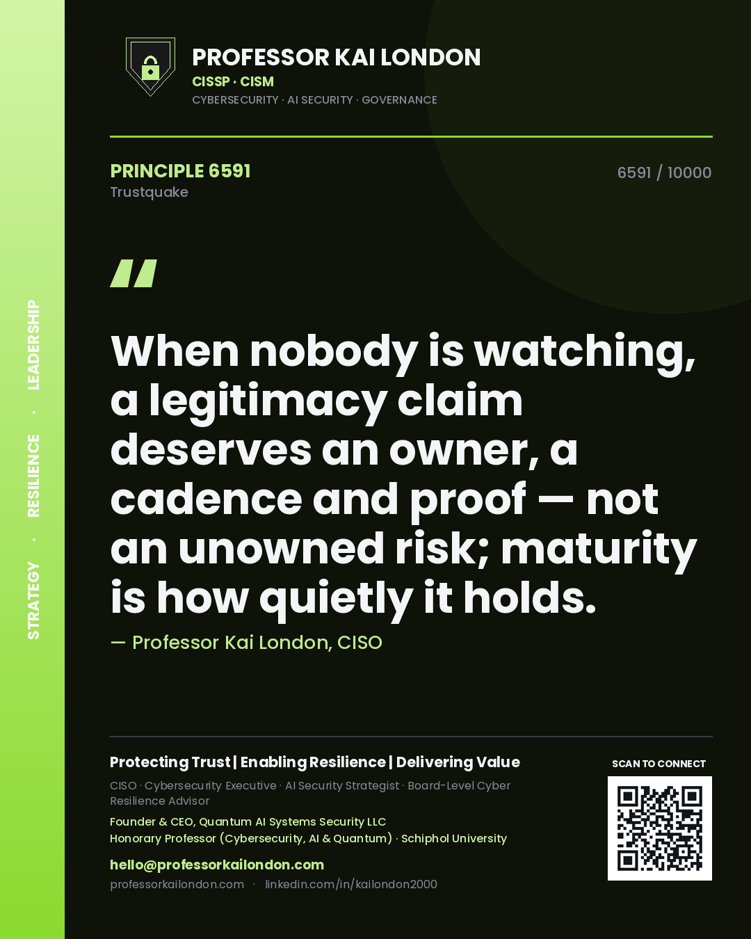 Quote card by Professor Kai London reading 'When nobody is watching, a legitimacy claim deserves an owner, a cadence and proof — not an unowned risk; maturity is how quietly it holds.'. From the book Trustquake.