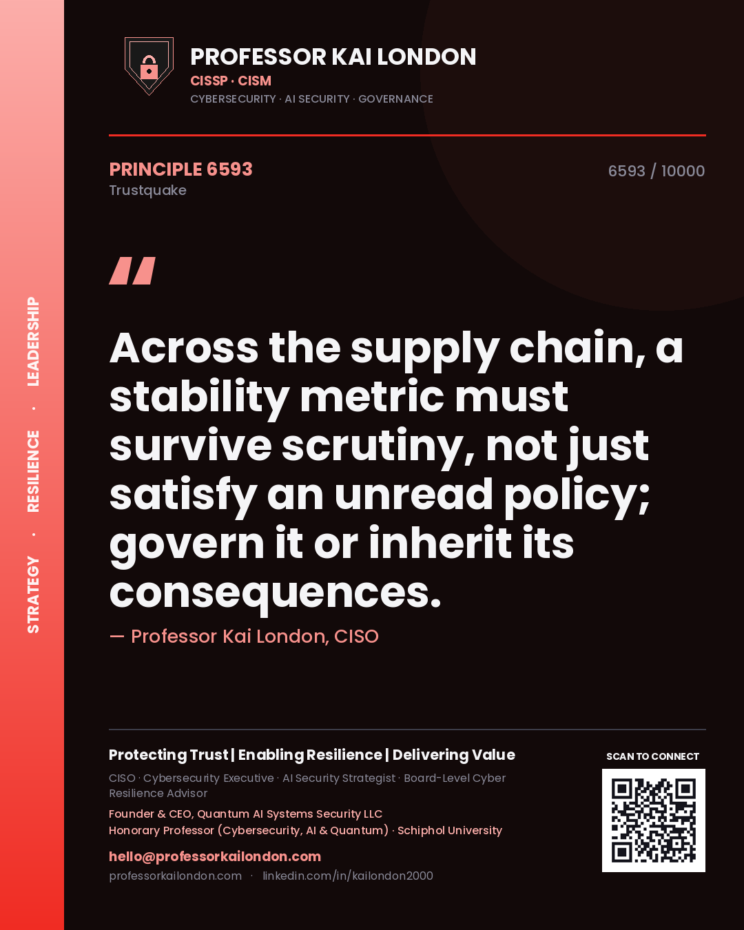 Quote card by Professor Kai London reading 'Across the supply chain, a stability metric must survive scrutiny, not just satisfy an unread policy; govern it or inherit its consequences.'. From the book Trustquake.
