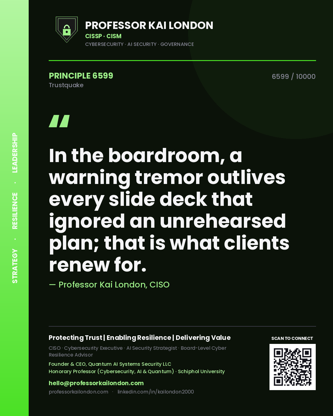 Professor Kai London principle 6599: In the boardroom, a warning tremor outlives every slide deck that ignored an unrehearsed plan; that is what clients renew for.