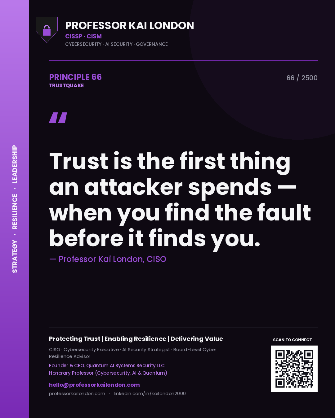 Quote card by Professor Kai London reading 'Trust is the first thing an attacker spends — when you find the fault before it finds you.'. From the book Trustquake.
