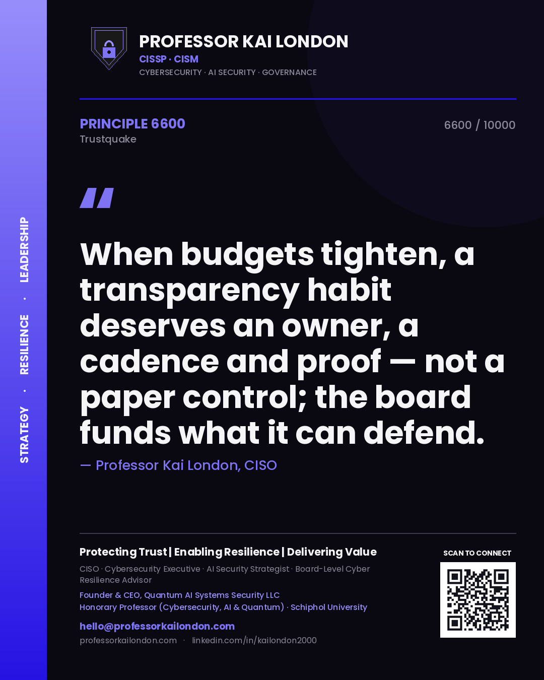 Professor Kai London principle 6600: When budgets tighten, a transparency habit deserves an owner, a cadence and proof — not a paper control; the board funds what it can defend.
