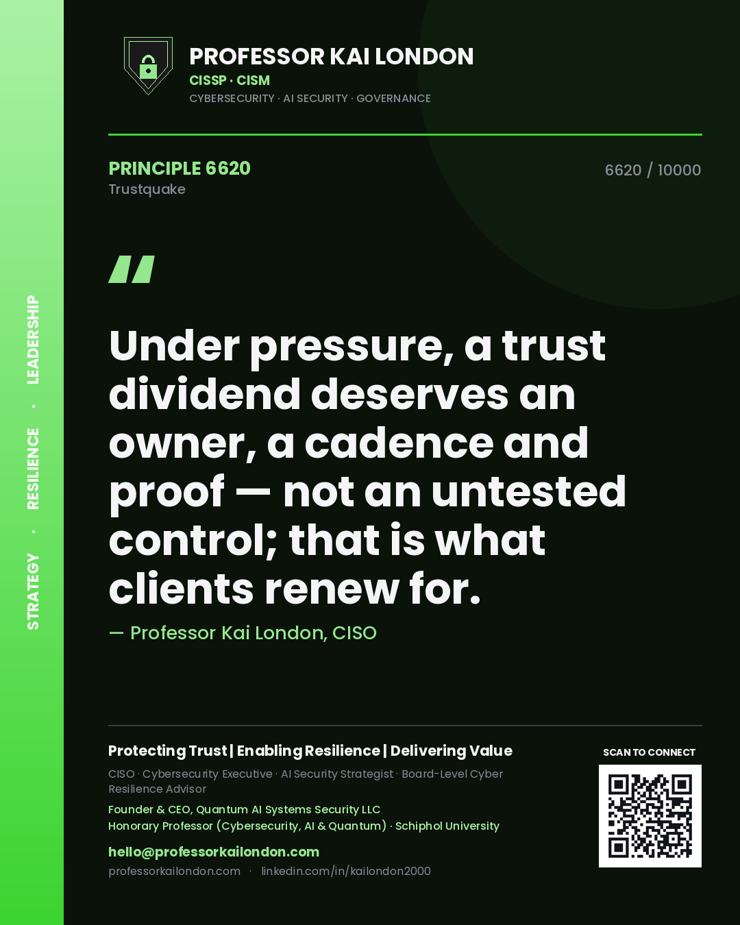 Professor Kai London principle 6620: Under pressure, a trust dividend deserves an owner, a cadence and proof — not an untested control; that is what clients renew for.