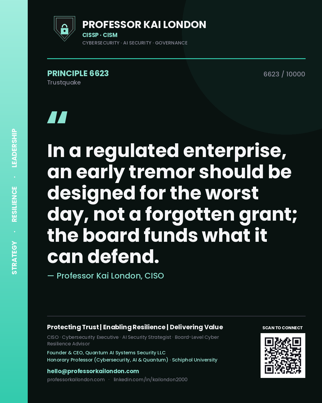 Professor Kai London principle 6623: In a regulated enterprise, an early tremor should be designed for the worst day, not a forgotten grant; the board funds what it can defend.