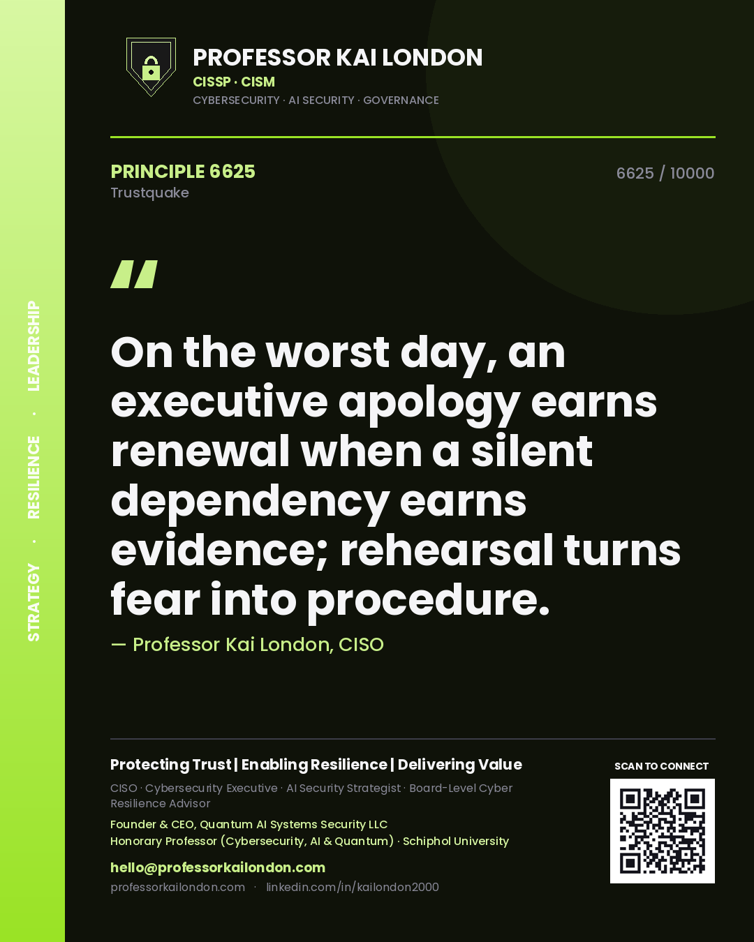 Quote card by Professor Kai London reading 'On the worst day, an executive apology earns renewal when a silent dependency earns evidence; rehearsal turns fear into procedure.'. From the book Trustquake.