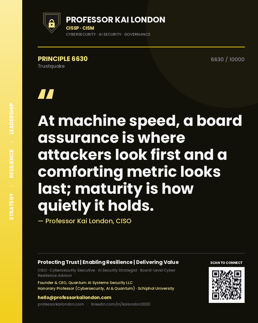Professor Kai London principle 6630: At machine speed, a board assurance is where attackers look first and a comforting metric looks last; maturity is how quietly it holds.