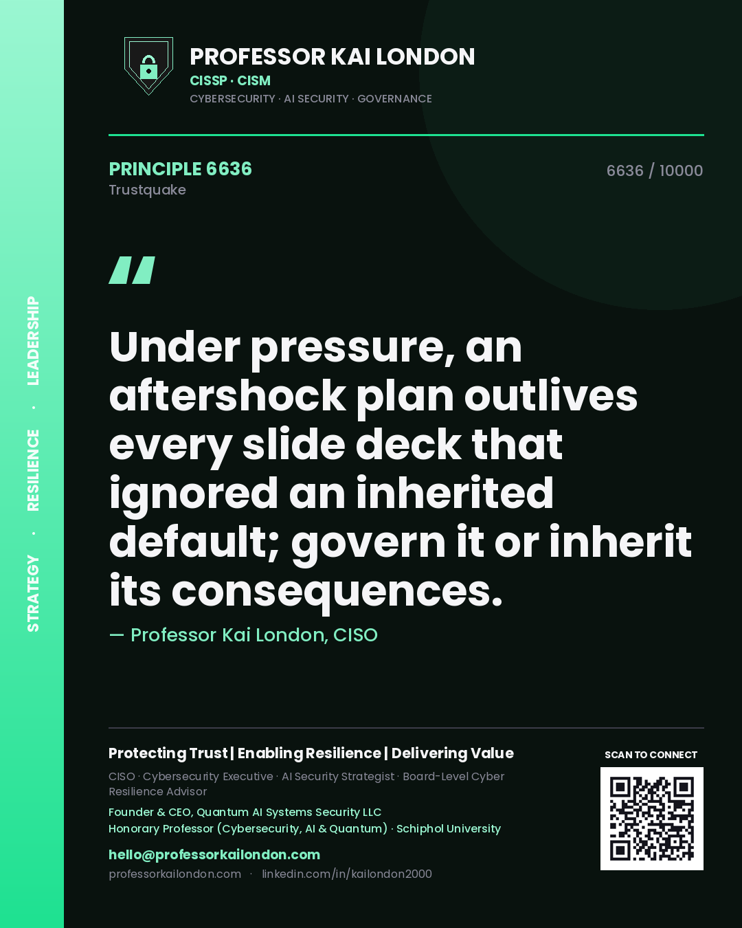Professor Kai London principle 6636: Under pressure, an aftershock plan outlives every slide deck that ignored an inherited default; govern it or inherit its consequences.
